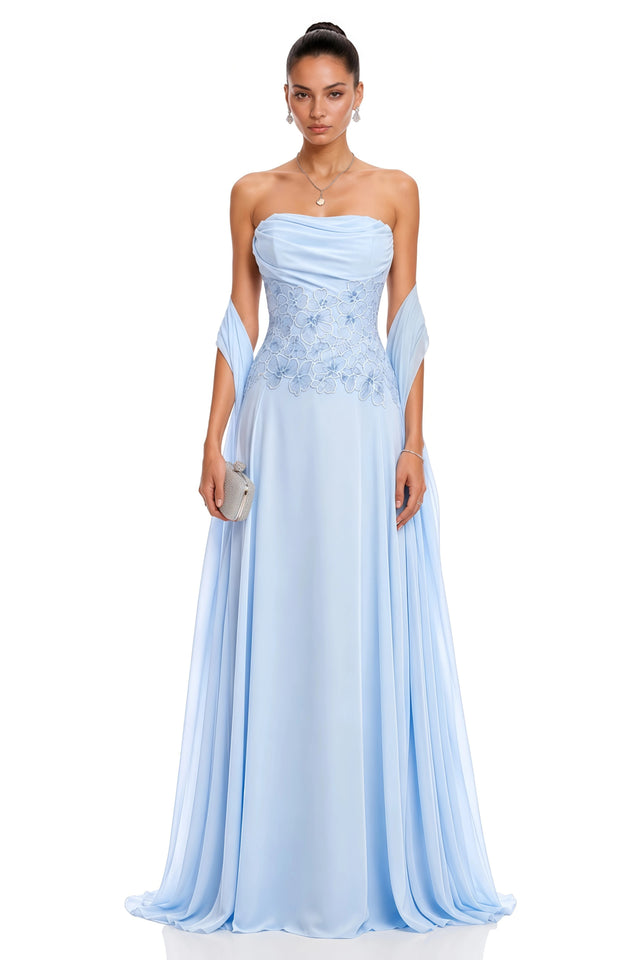 Felicie Blue Ruched Maxi Dress With Cape