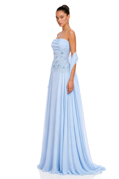 Kara Maxi Dress Blue Ruched With Cape