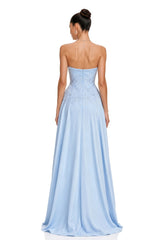 Felicie Blue Ruched Maxi Dress With Cape