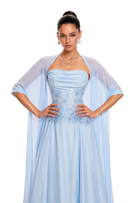 Kara Maxi Dress Blue Ruched With Cape