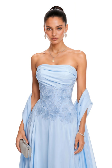 Kara Maxi Dress Blue Ruched With Cape