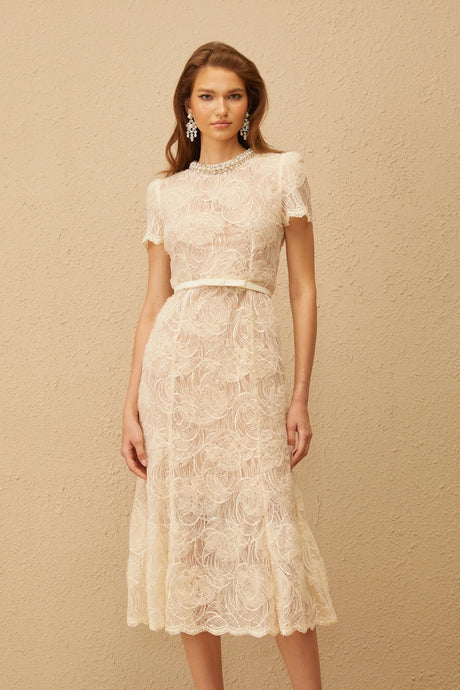 Amabile Midi Dress White Embellished Floral Lace