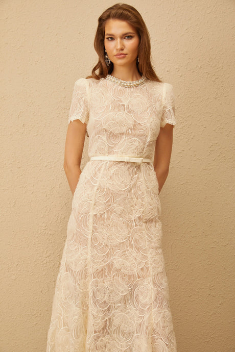 Amabile Midi Dress White Embellished Floral Lace