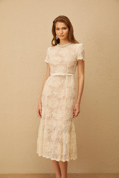 Amabile Midi Dress White Embellished Floral Lace