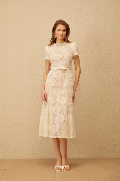 Amabile Midi Dress White Embellished Floral Lace