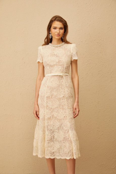 Amabile Midi Dress White Embellished Floral Lace