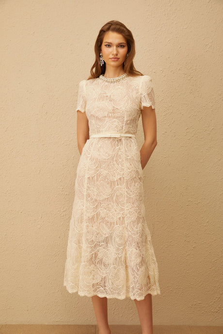 Amabile Midi Dress White Embellished Floral Lace
