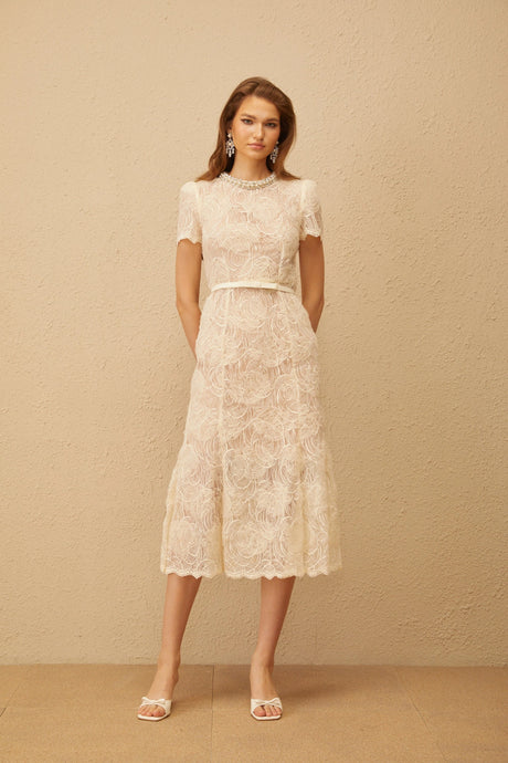 Amabile Midi Dress White Embellished Floral Lace