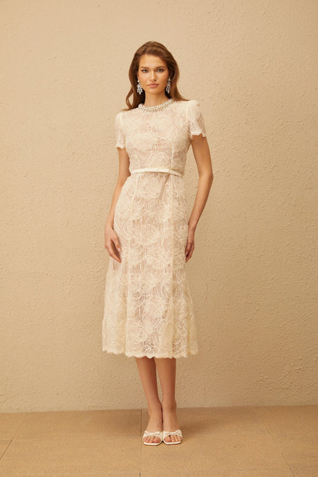 Amabile Midi Dress White Embellished Floral Lace