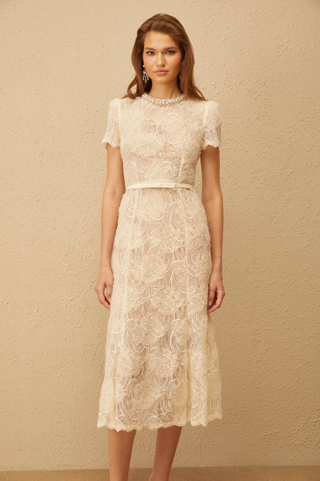Amabile Midi Dress White Embellished Floral Lace