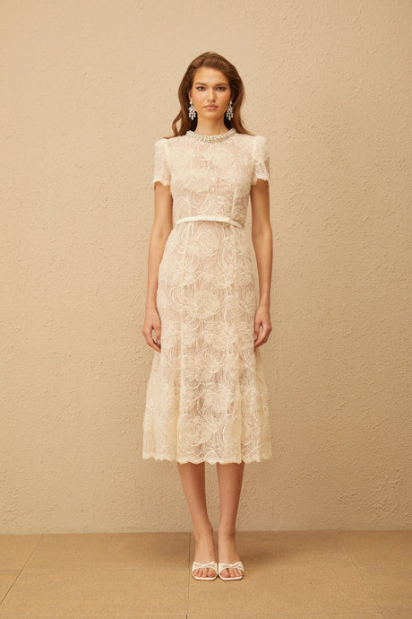 Amabile Midi Dress White Embellished Floral Lace