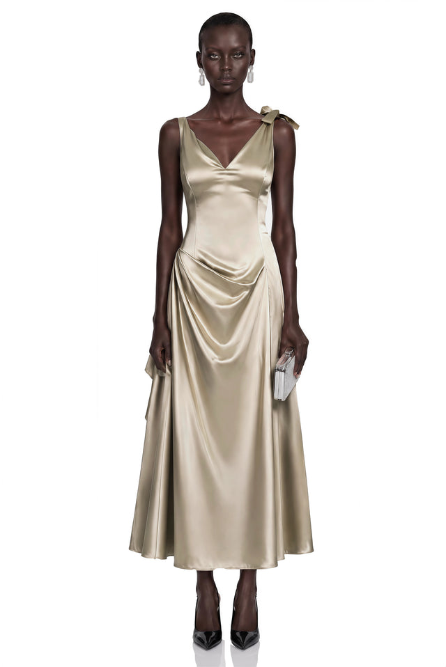 Felicity Taupe Satin VNeck Ruched Flared Midi Dress
