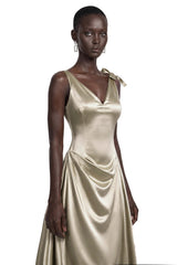 Felicity Taupe Satin VNeck Ruched Flared Midi Dress