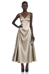 Felicity Taupe Satin VNeck Ruched Flared Midi Dress