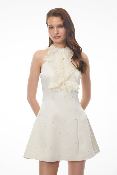 Mackenzie Mini Dress White Halterneck with Lace Panels