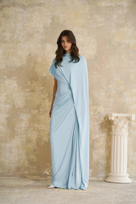 Agata Dress Blue Asymmetrical Draped Cape & Matching Set