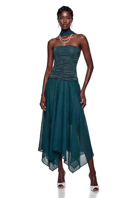 Ava Maxi Dress Green Asymmetrical Ruched