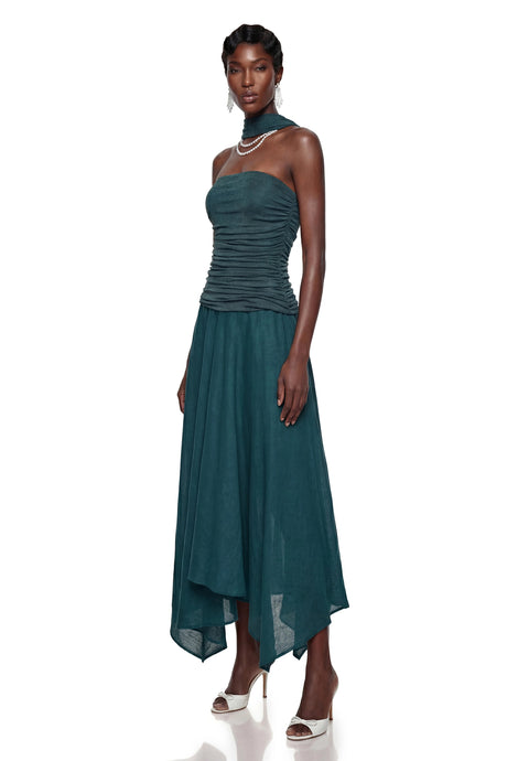 Ava Maxi Dress Green Asymmetrical Ruched