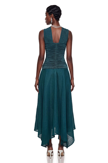 Ava Maxi Dress Green Asymmetrical Ruched