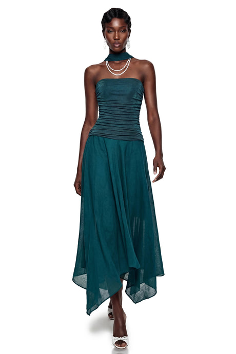 Ava Maxi Dress Green Asymmetrical Ruched