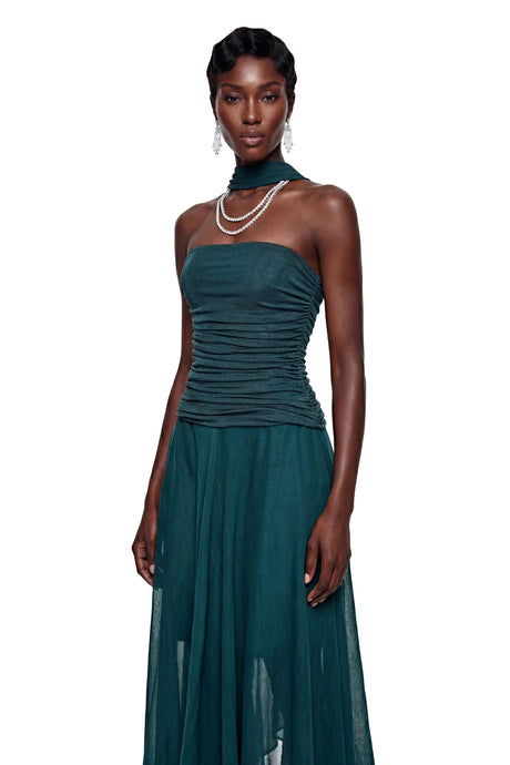 Ava Maxi Dress Green Asymmetrical Ruched