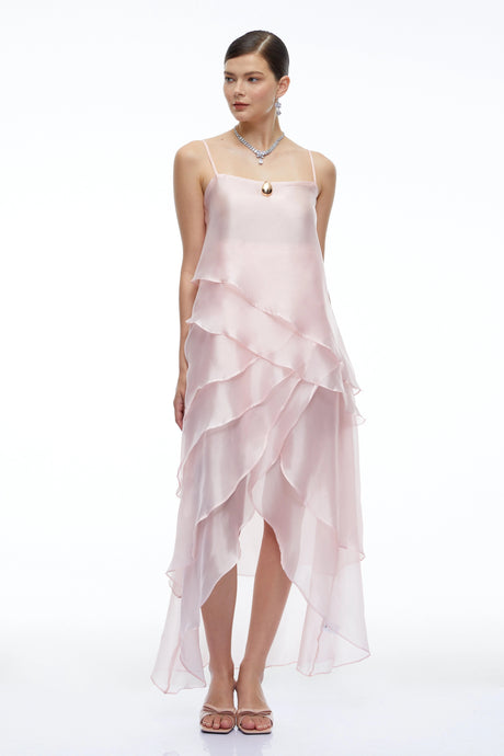 Ginetta Midi Dress Pink Tiered Halterneck