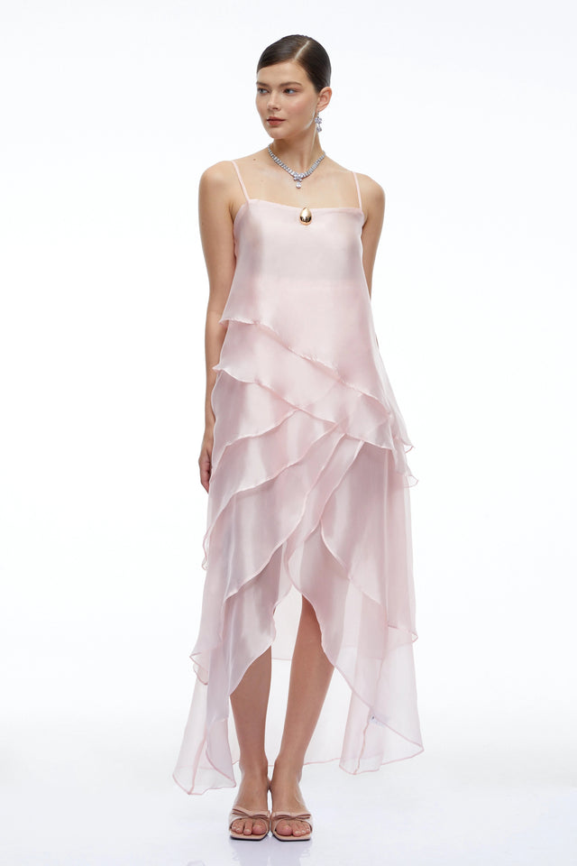Fenella Pink Tiered Halterneck Midi Dress