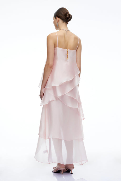Ginetta Midi Dress Pink Tiered Halterneck