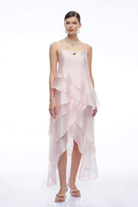 Ginetta Midi Dress Pink Tiered Halterneck