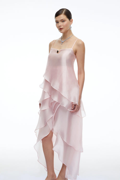 Ginetta Midi Dress Pink Tiered Halterneck
