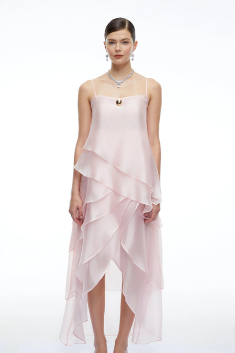 Ginetta Midi Dress Pink Tiered Halterneck