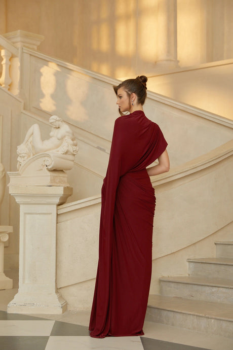 Amalia Dress Red Asymmetrical Draped Cape & Matching Set