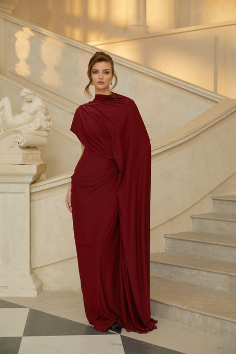 Amalia Dress Red Asymmetrical Draped Cape & Matching Set
