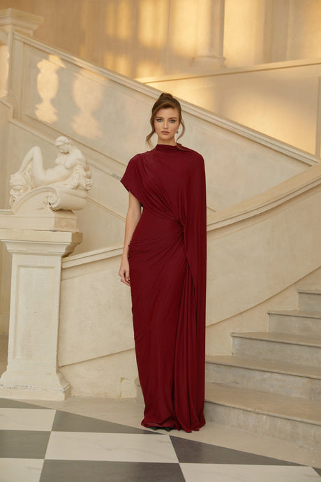 Amalia Dress Red Asymmetrical Draped Cape & Matching Set