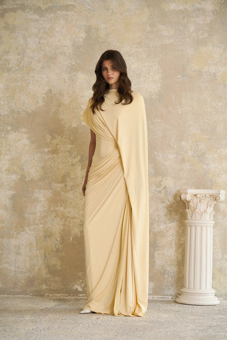 Fortuna Dress Yellow Asymmetrical Draped Cape & Matching Set