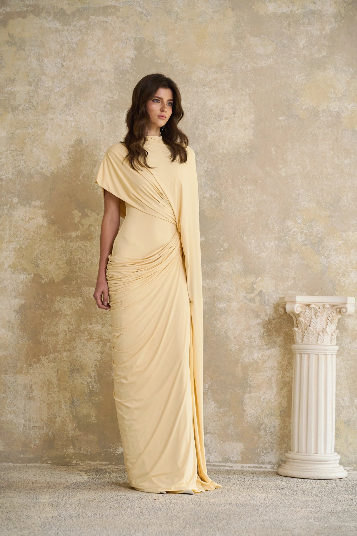 Fenella Yellow Asymmetrical Draped Cape  Dress Matching Set