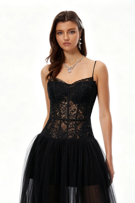 Livia Midi Dress Black Lace Corset Pleated