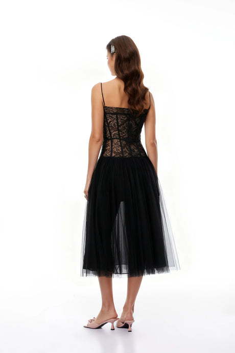 Livia Midi Dress Black Lace Corset Pleated
