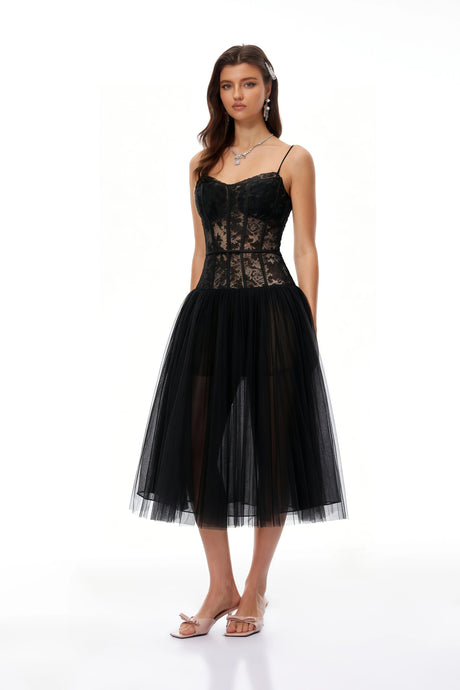Livia Midi Dress Black Lace Corset Pleated