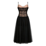 Feriha Black Lace Corset Pleated Midi Dress