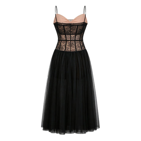 Livia Midi Dress Black Lace Corset Pleated