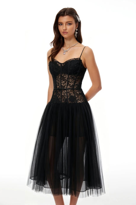 Livia Midi Dress Black Lace Corset Pleated