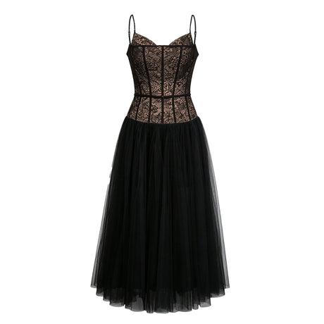Livia Midi Dress Black Lace Corset Pleated