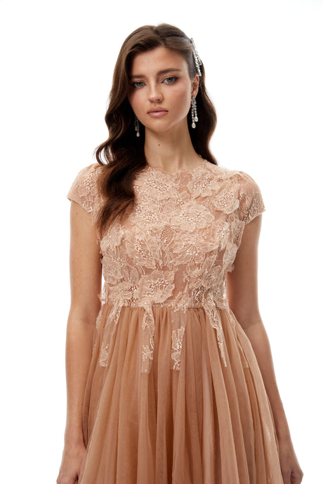 Elena Midi Dress Brown Lace Panel Tulle