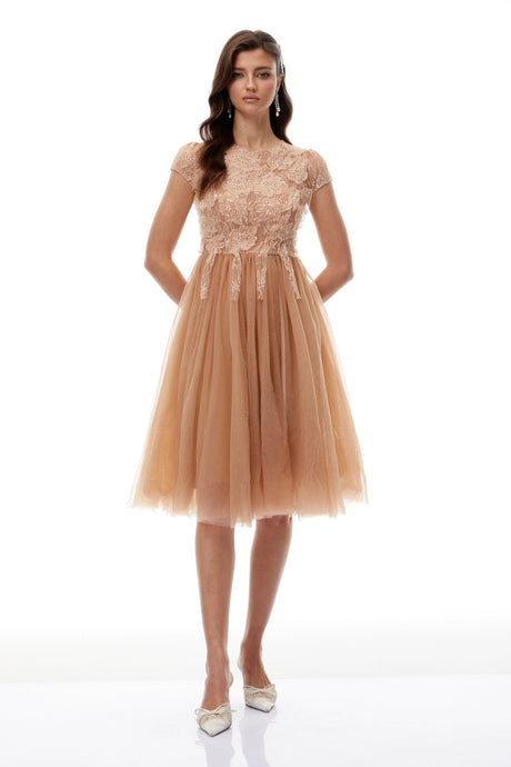 Elena Midi Dress Brown Lace Panel Tulle