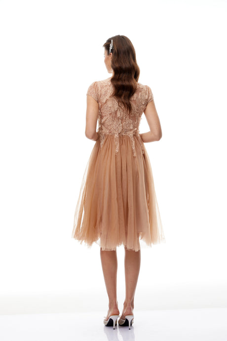 Elena Midi Dress Brown Lace Panel Tulle