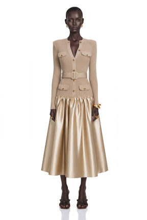 Fern Gold Satin Panel Knit Midi Dress