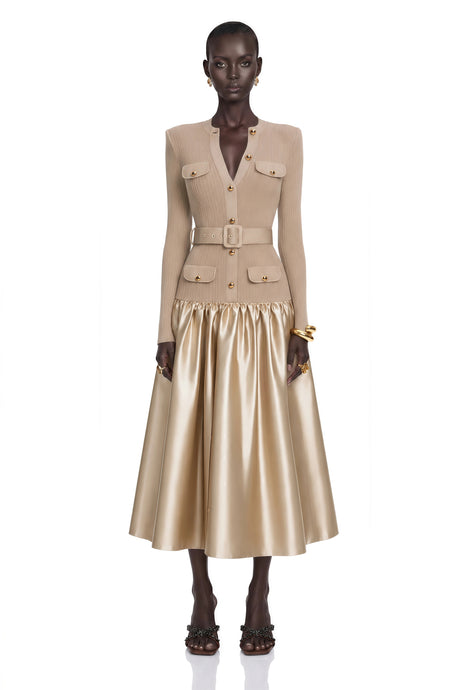 Lillian Midi Dress Gold Satin Panel Knit