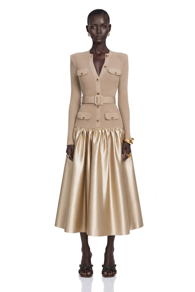 Fern Gold Satin Panel Knit Midi Dress