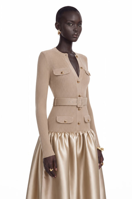 Lillian Midi Dress Gold Satin Panel Knit